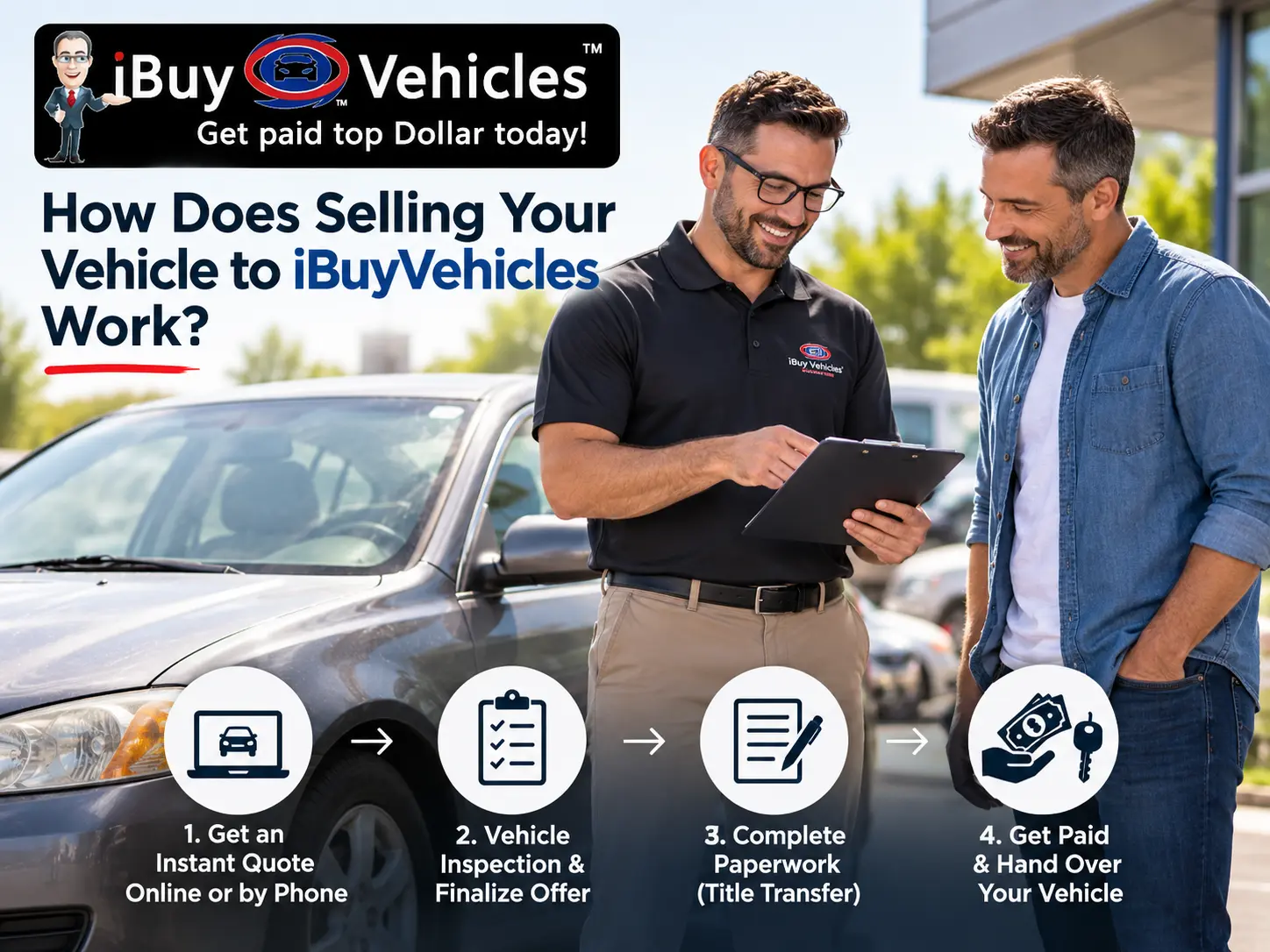 iBuyVehicles representative explaining the car-selling process to a vehicle owner, including getting a quote, vehicle inspection, completing paperwork, and receiving payment.