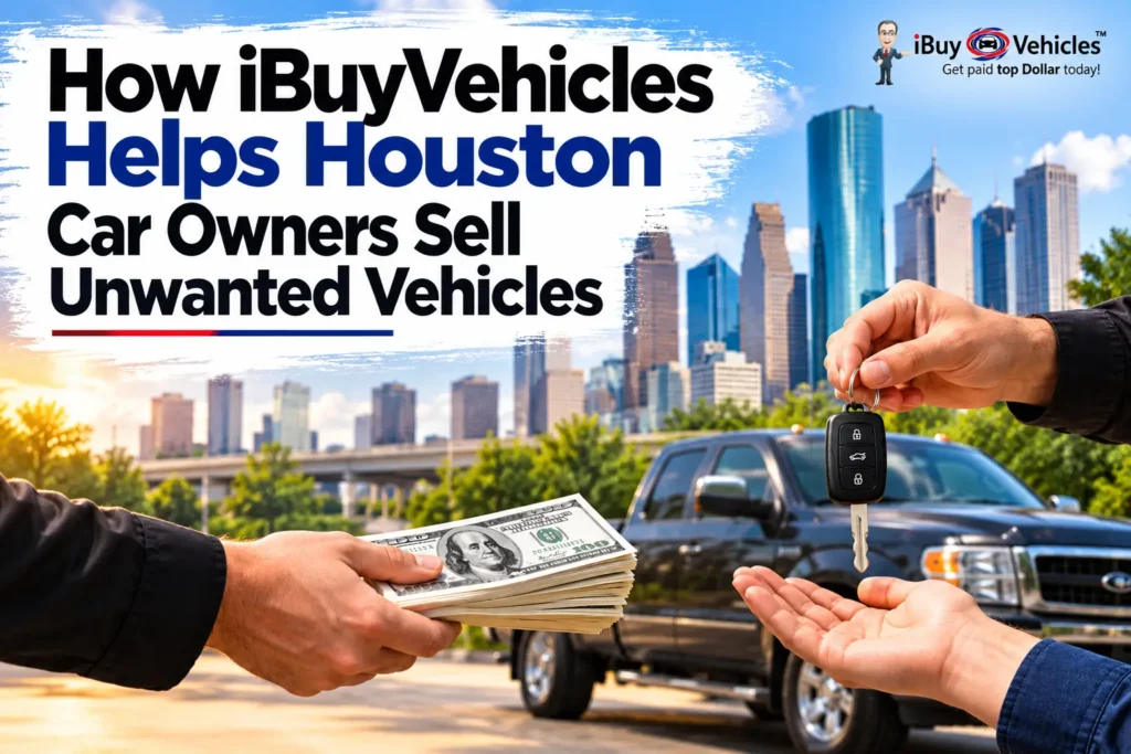 iBuyVehicles cash-for-car-keys exchange in Houston, featuring a pickup truck, Houston skyline, and company logo.
