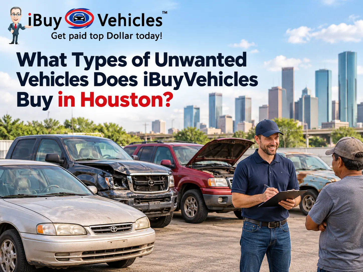 iBuyVehicles representative discussing the sale of unwanted, damaged, junk, and non-running vehicles with a car owner in Houston, TX.