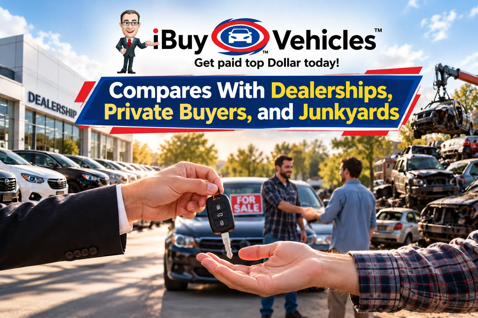 Comparison of iBuyVehicles with car dealerships, private buyers, and junkyards for selling used cars.